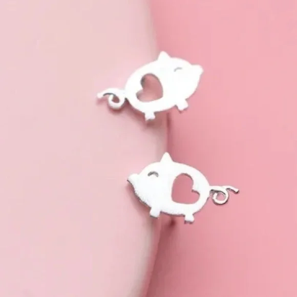 Teeny Tiny Precious Piglet Sterling Silver Lovable Heart Micro Stud Earr… - Picture 4 of 6